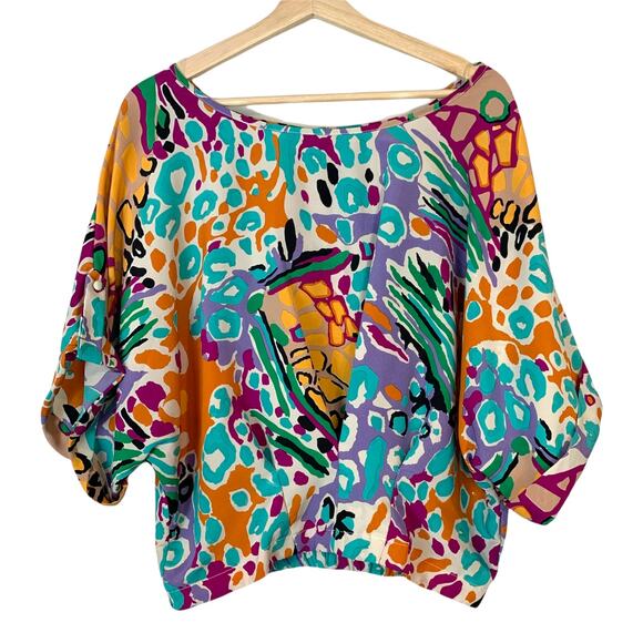 Willow Clay Batwing Dolman Sleeve Pleated Crop Blouse Watercolor Floral Blouse S - Picture 1 of 10
